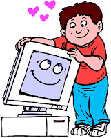 This picture is of a boy hugging a computer.