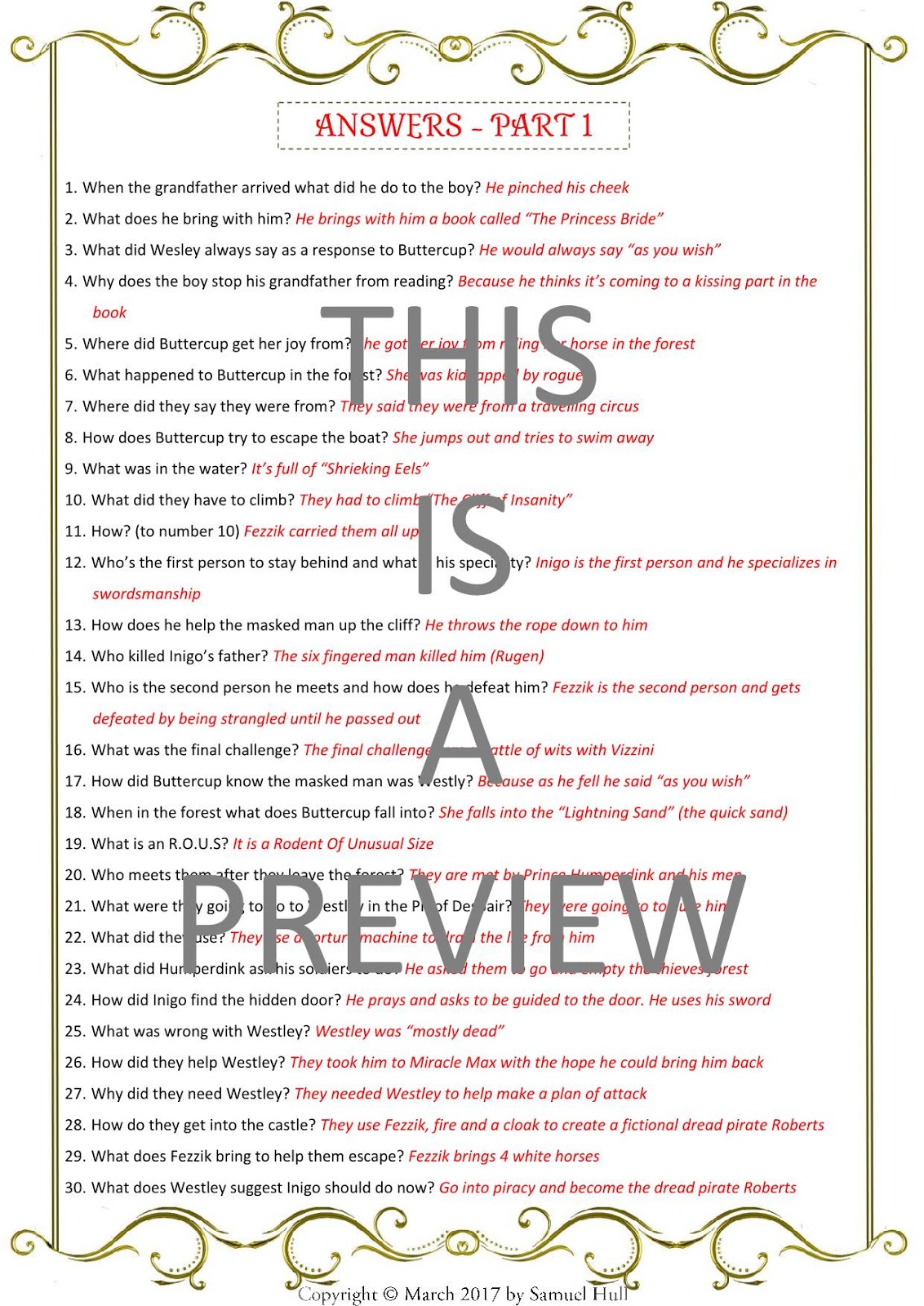 Movie Guides And Comprehension Questions The Princess Bride 1987 Movie Questions Activities Answer Key Included