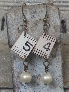 assemblage earrings vintage ruler and pearls