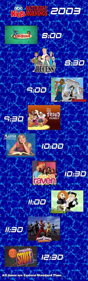ABC Saturday morning schedule in 2003: Lilo & Stitch: The Series @ 8, Recess @ 8:30, Fillmore! @ 9, The Proud Family @ 9:30, Lizzie McGuire @ 10, That's so Raven @ 10:30, Kim Possible @ 11, Power Rangers Ninja Storm @ 11:30 & NBA Inside Stuff @ 12:30.
