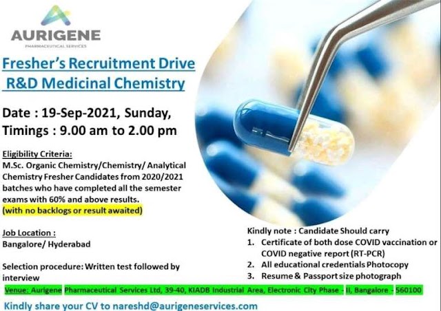 Aurigene Pharma | Walk-in interview for Freshers on 19th Sept 2021 at Bangalore