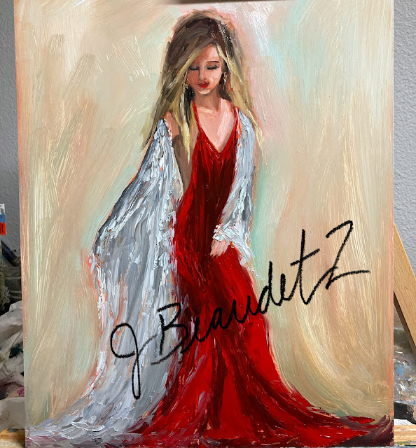 girl in red dress with white lace painting