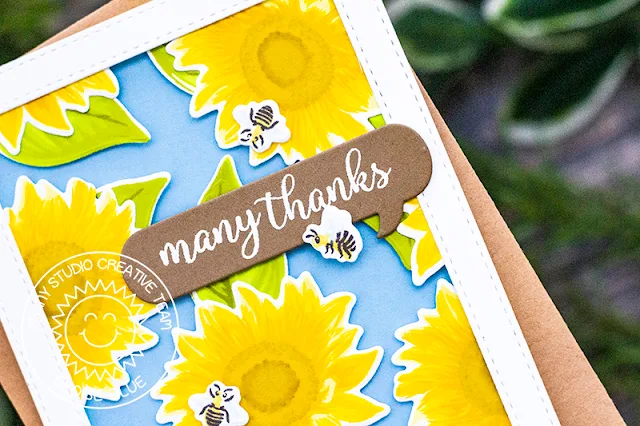 Sunny Studio Stamps: Sunflower Fields Comic Strip Speech Bubbles Dies Thank You Card with Eloise Blue