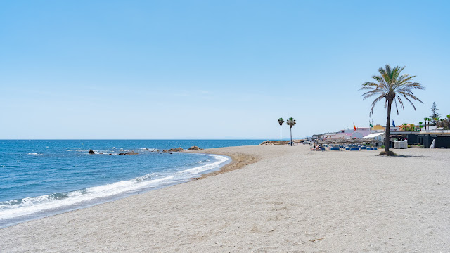Playa de arena con el mar azul y palmeras y construcciones costeras al fondo
