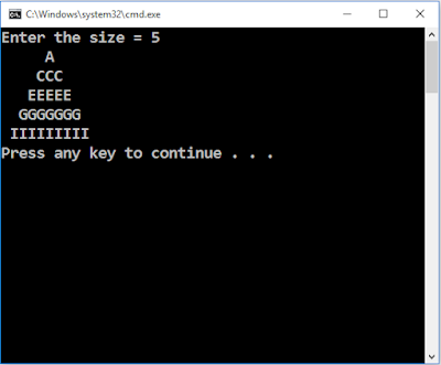 Write a C++ program to draw isosceles triangle using alphabets ACEGI
