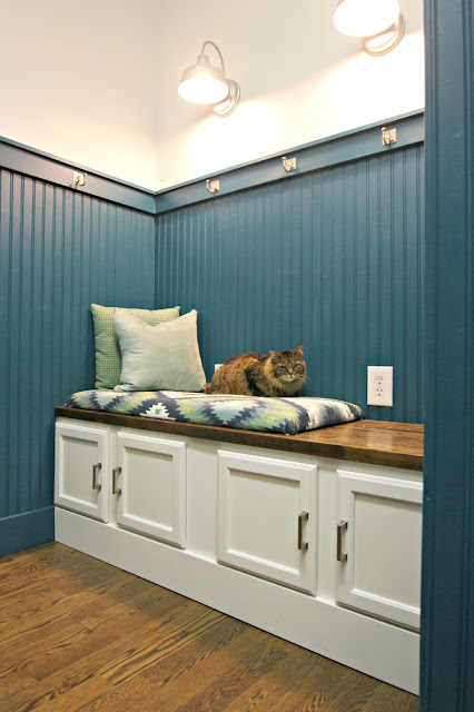 Mudroom bench made out of kitchen cabinets