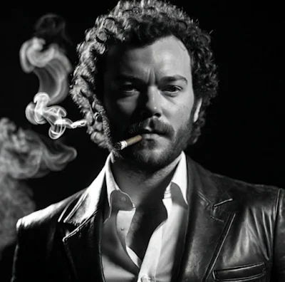 Black and white photograph of Danny Masterson smoking a cigar wearing a black leather blazer from the chest up