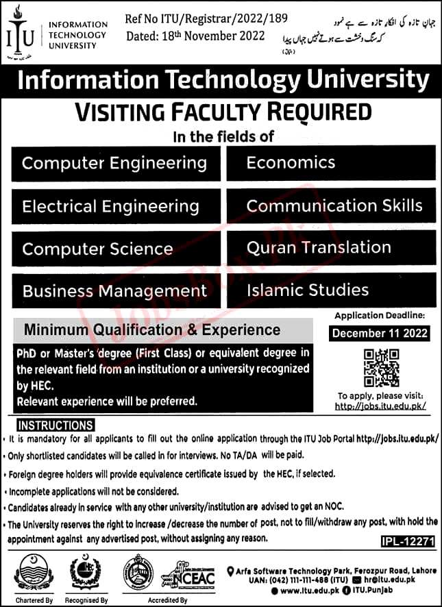 Information Technology University ITU Lahore New Vacancies