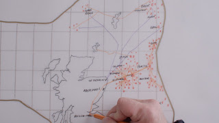 Hand drawn map of UK oil fields and pipe lines