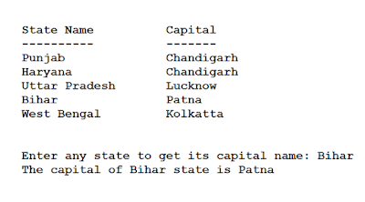 Program to enter the names of states and capital and display them properly. Also enter the name of state to print its Capital...