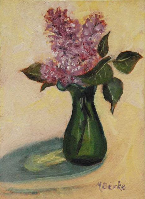 Small oil still life painting of purple lilacs in green glass vase. Realistic floral by Mary Benke