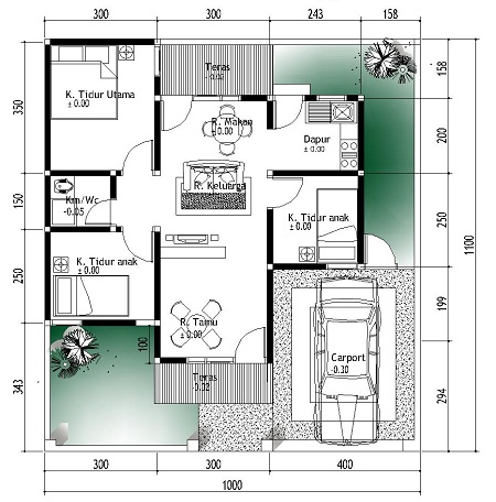 Denah rumah minimalis 1 lantai 3 kamar tidur dan garasi