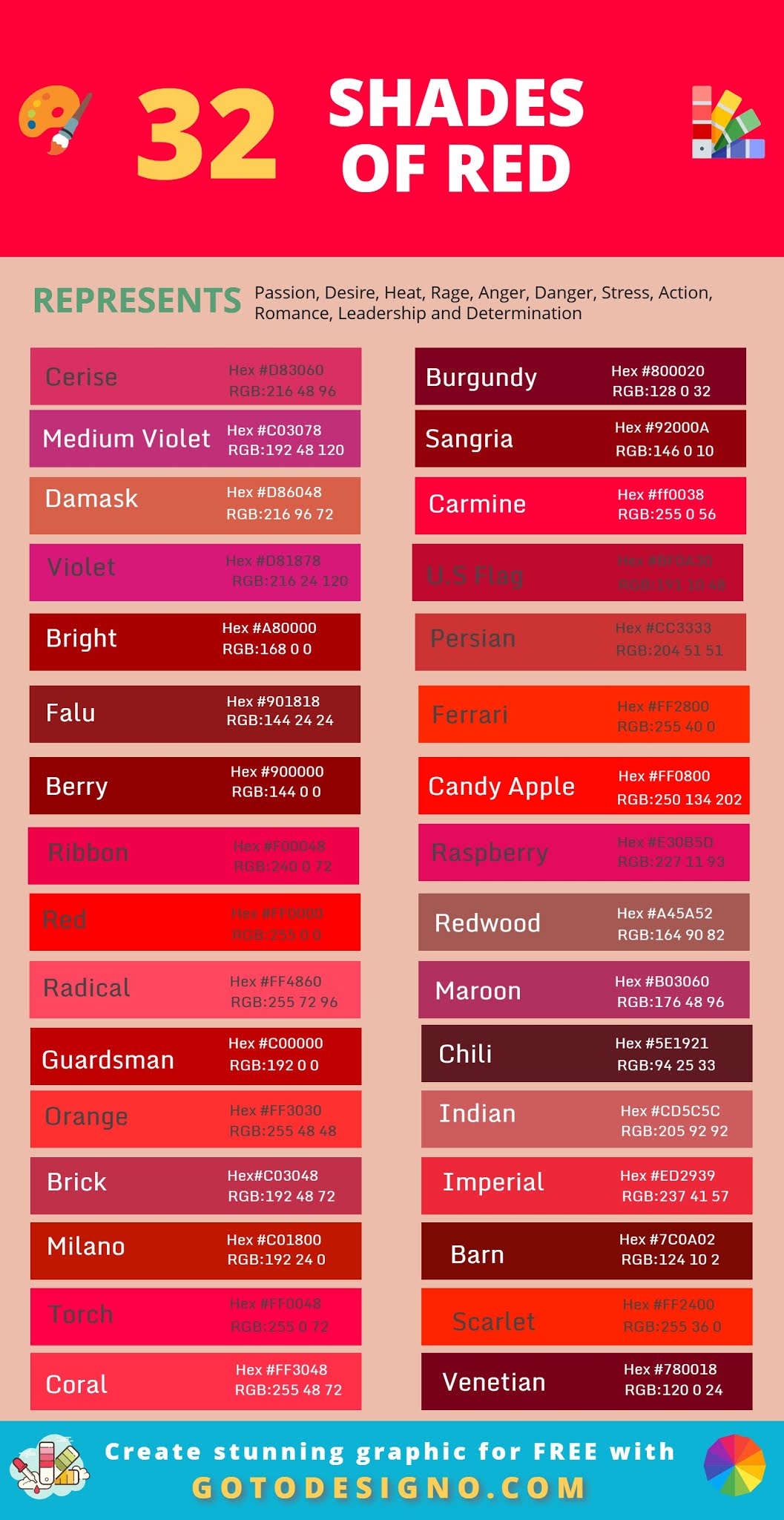 90 Shades Of Red Color With Hex Code