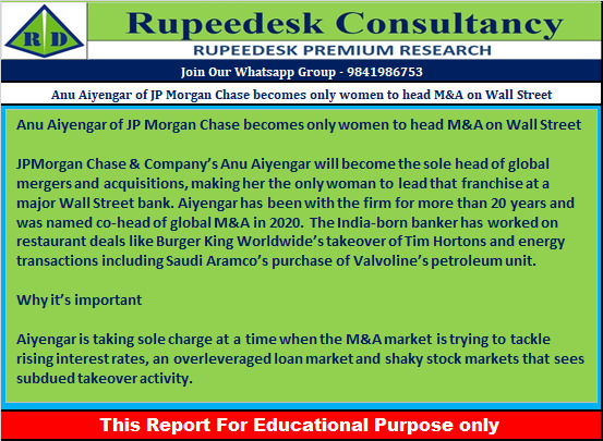 Anu Aiyengar of JP Morgan Chase becomes only women to head M&A on Wall Street - Rupeedesk Reports - 13.01.2023