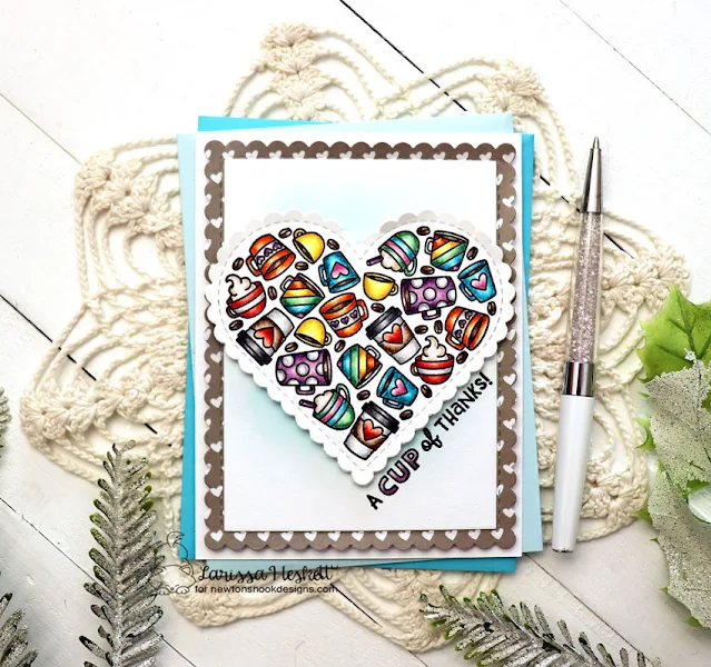 A Cup of Thanks Card by Larissa Heskett for Newton's Nook Designs using Heartfelt Coffee Stamp Set, Heart Frames Die Set, Frames and Flags Die Set, Coffee House Stories Patterned Paper