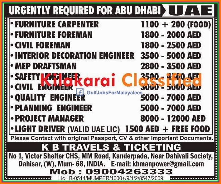 Urgently Required for Abudhabi, UAE