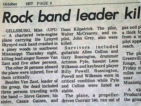 Rare Newspaper Article - 1977 Airplane Crash Killing 3 Members of Lynyrd Skynyrd