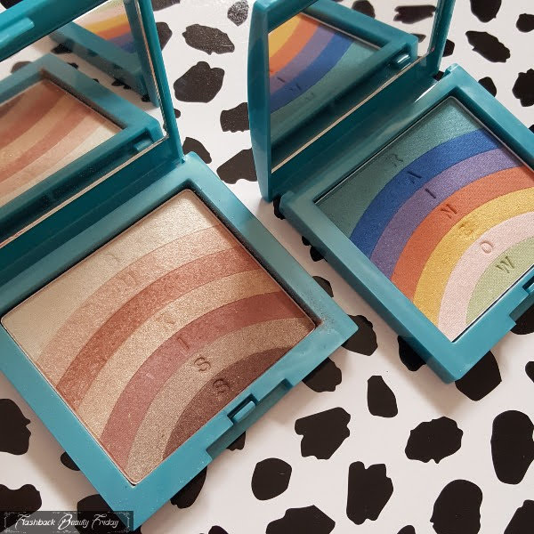 open No7 limited edition compacts with bronzing and eyeshadow powders in rainbow strip design