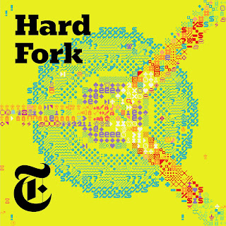 Graphic with Hard Fork in black ink with a yellow background and tech symbols in the foreground.