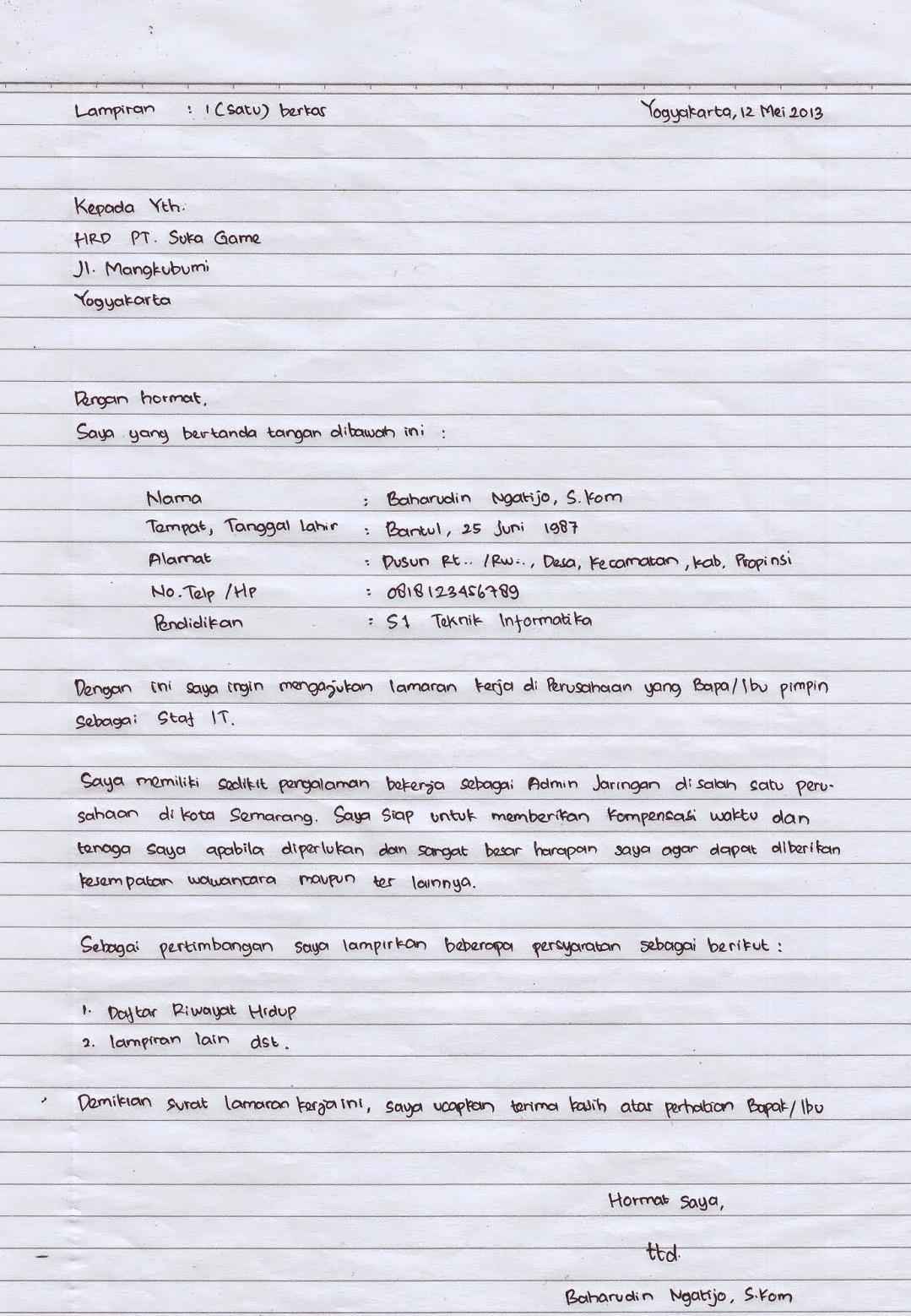 Contoh Surat Lamaran Kerja Tulis Tangan 100% Diterima