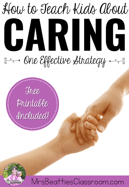 An image of an adult hand holding a child's hand with text that reads "How to Teach Kids About Caring. One Effective Strategy."