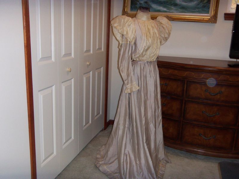 Victorian c1875 pale lilac and cream silk wedding dress in two parts
