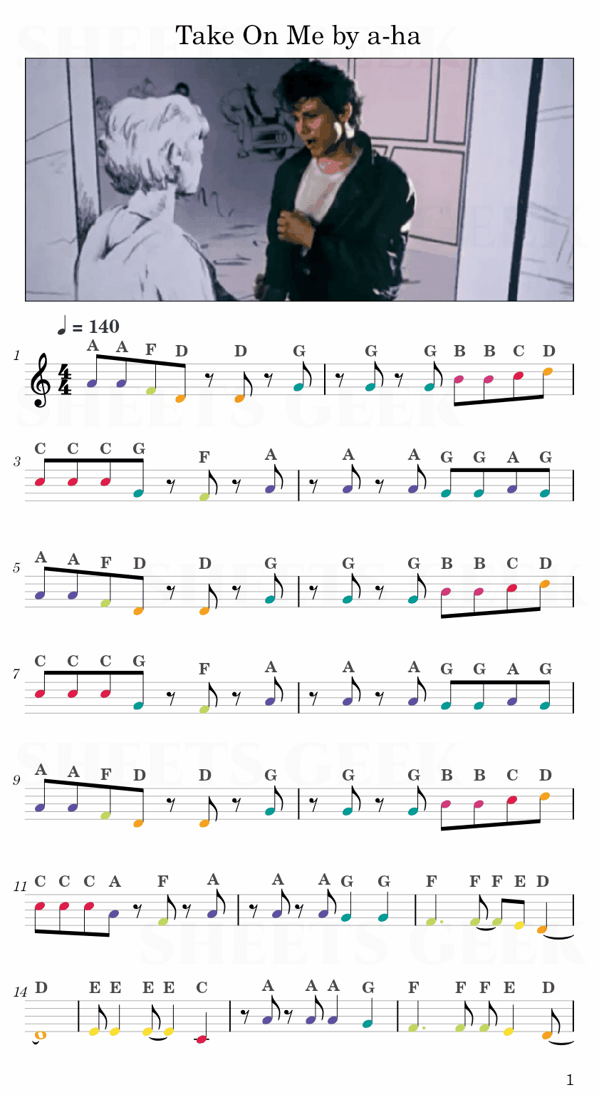 Take On Me by a-ha Easy Sheet Music Free for piano, keyboard, flute, violin, sax, cello page 1