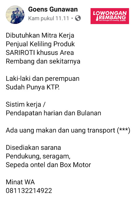 Lowongan Kerja Penjual Keliling Sari Roti Rembang Tanpa Syarat Pendidikan