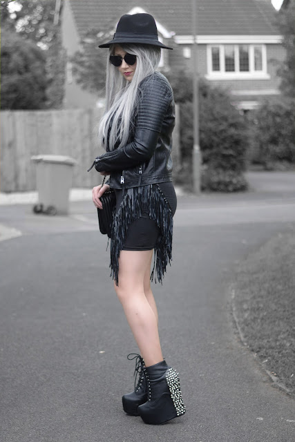 Sammi Jackson - Topshop Biker Jacket, Black Fringed Dress, Oasap Quilted Bag, Jeffrey Campbell Damsel Spike Wedges