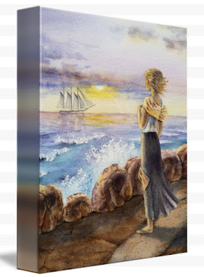 Young Woman At The Ocean watching sailboat painting