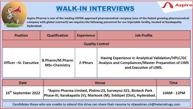 Aspiro Pharma | Walk-in interview at Hyderabad for QC Formulation on 16th September 2022