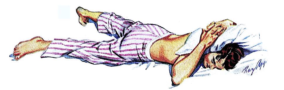 sleeping man in pyjamas, a color illustration 1940s