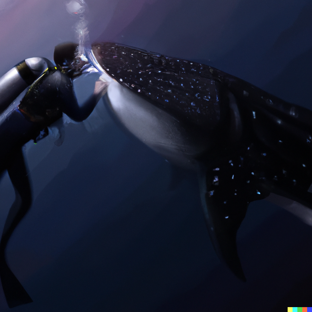 A diver kising a whale shark digital art
