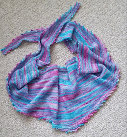 Beautiful hand knitted shawl in hand-dyed yarn.