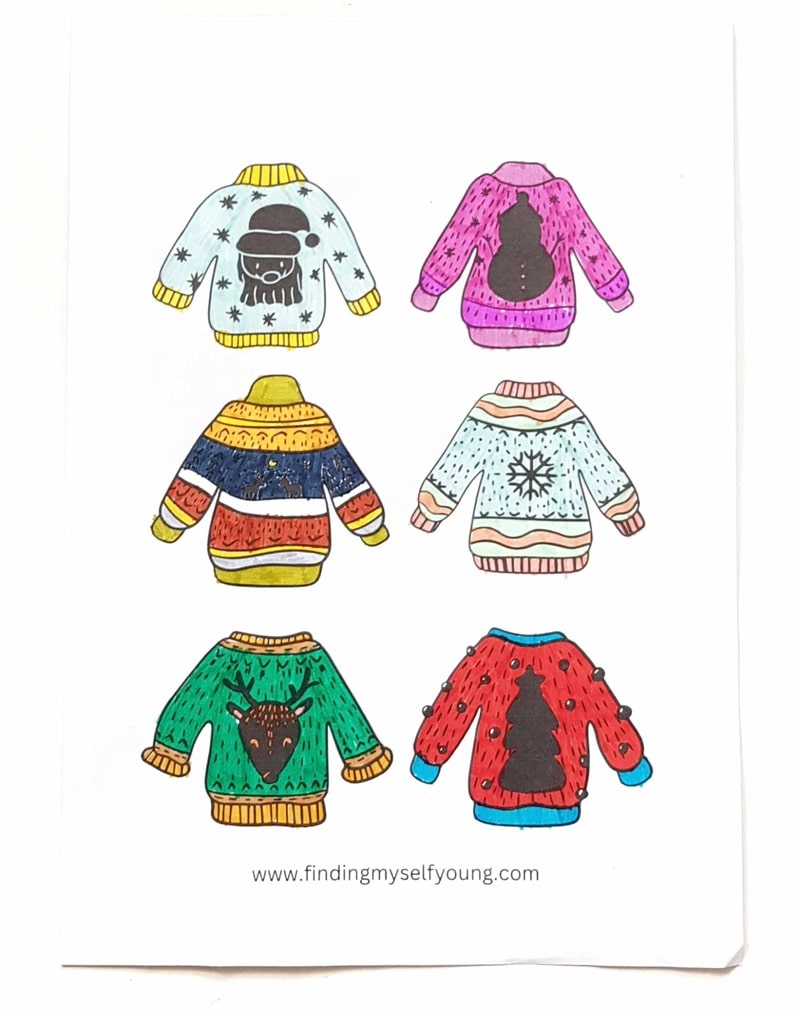 Christmas sweater template coloured in.