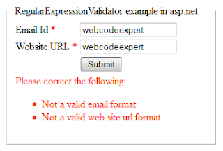 RegularExpressionValidator validation control example in asp.net