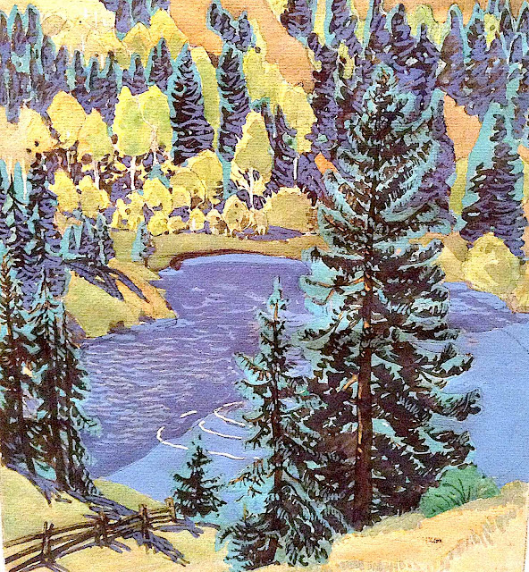 Gustave Baumann art, looking down on a lake with pine trees