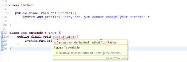 Final class, method and variable example in Java