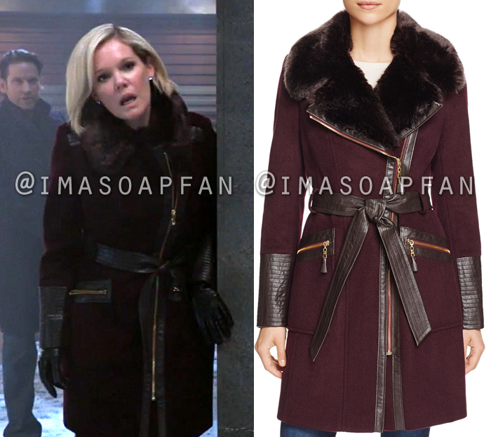 Ava Jerome, Maura West, Purple Belted Faux Fur-Trim Asymmetric Coat, General Hospital, GH