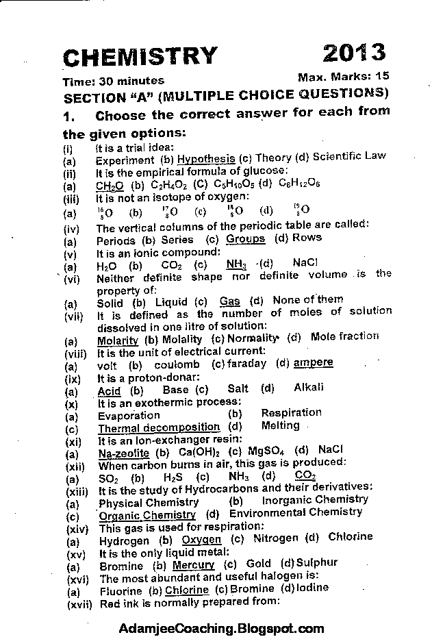 Adamjee Coaching: IX Chemistry Past Year Paper - 2013