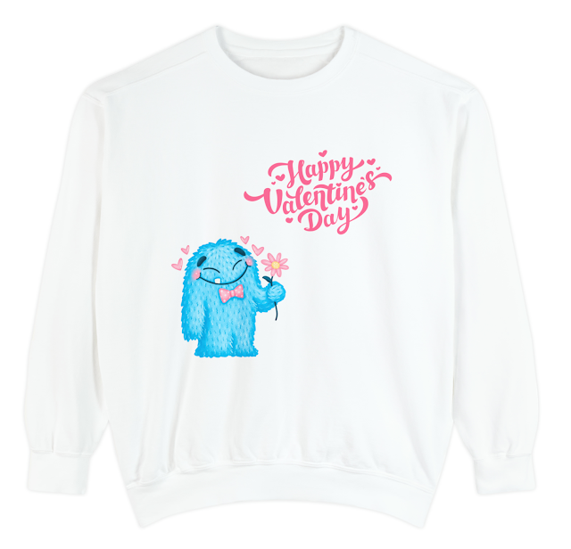 Garment-Dyed Valentine Sweatshirt for Men and Women With Blue Pink Illustrated Cute Happy Valentine's Day