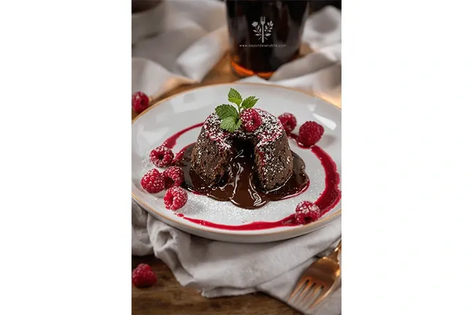 Chocolate Lava Cake with molten center, raspberry coulis drizzle, and fresh raspberries, garnished with powdered sugar and mint.