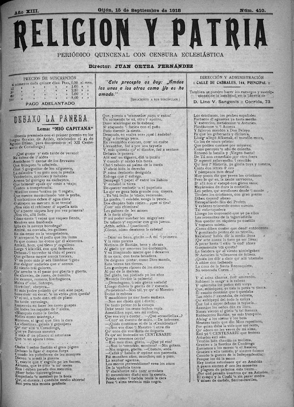 PRIMER PREMIU nos xuegos florales d'Avilés (cellebraos el pasáu 23 d'agostu de 1918 pa conmemorar el XII centenariu de Cuadonga) d'Agustín de la Villa (José Lin) fueya 1