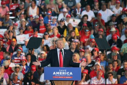 Former President Donald Trump speaks to supporters during a rally at the Lorain County Fairgrounds in Wellington, Ohio, on June 26, 2021.