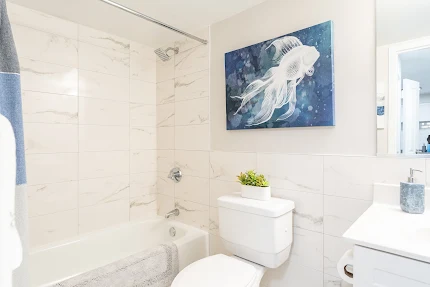 Bathroom in model apartment at Faxon Commons