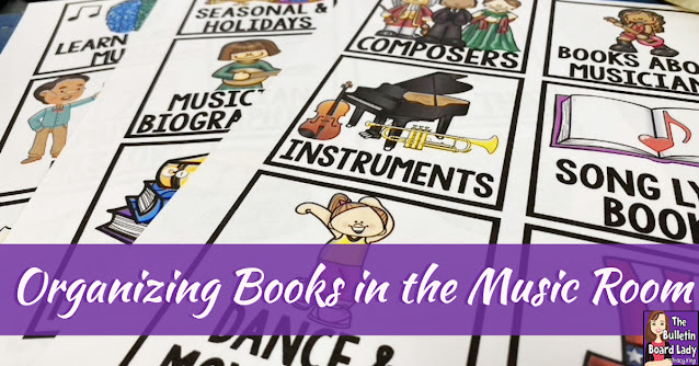 Organize books in your music classroom. Ideas, tools for music room library and free book bin labels to help organize those children's books.