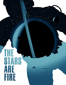 The cover of The Stars Are Fire with the shape of a person in a space suit filled with illustrations of ringed planets and the stars.