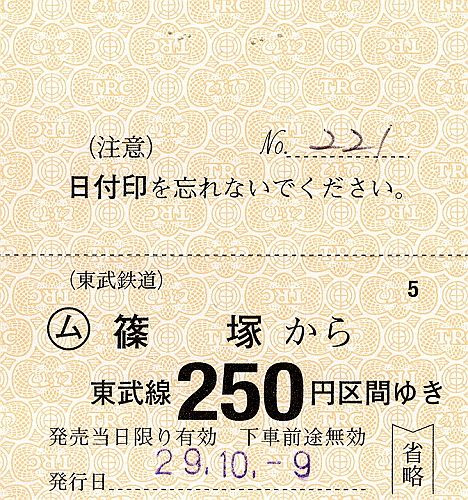 東武鉄道　常備軟券乗車券36　小泉線　篠塚駅(2017年)