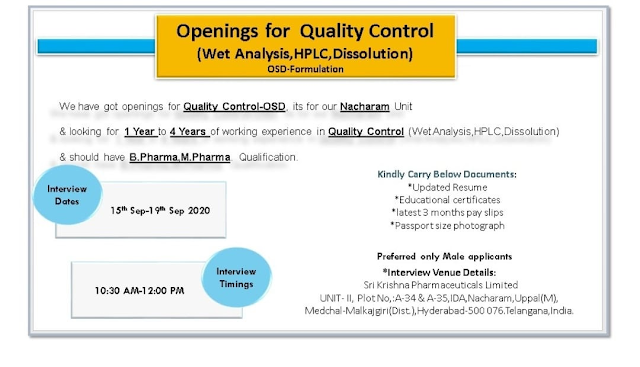 Srikrishna Pharma | Walk-in interview for QC-OSD at Hyderabad on 15 to 19 Sept 2020