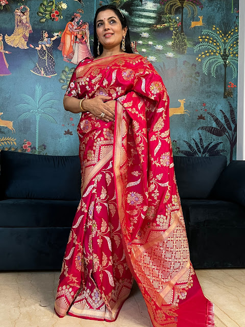 Elegance Redefined: Rani-Colored Pure Katan Silk Saree with Tilfi and Jangla Jaal Work